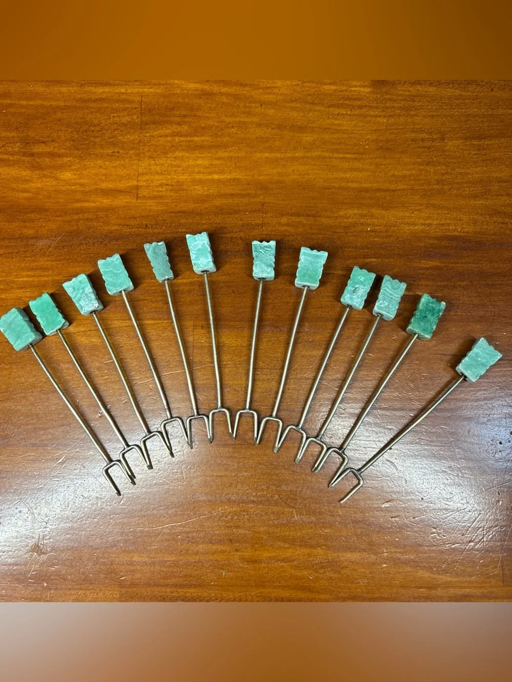 Vtg Cocktail Hors D'oeuvre Picks With Green Tiki Style Carved Stone Handle
